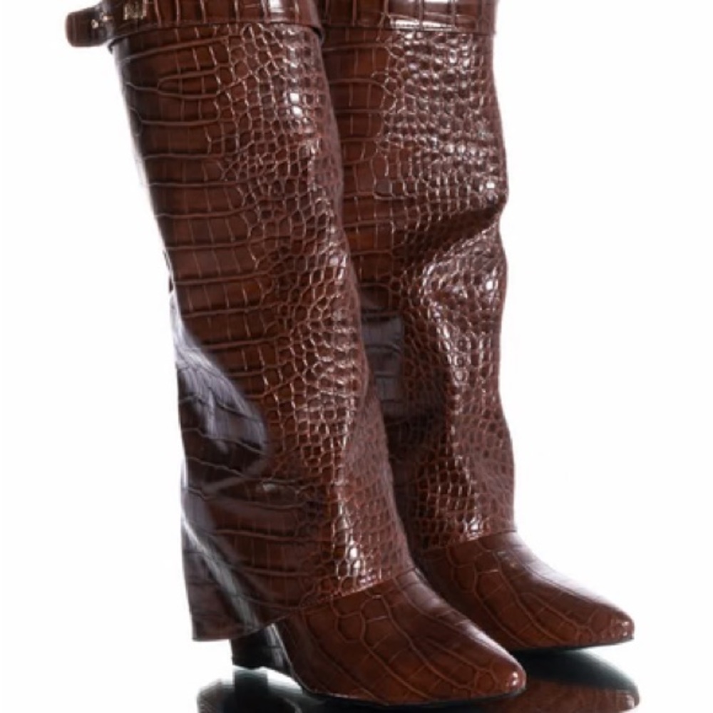 Brown Crocodile-Embossed Knee-High Boots